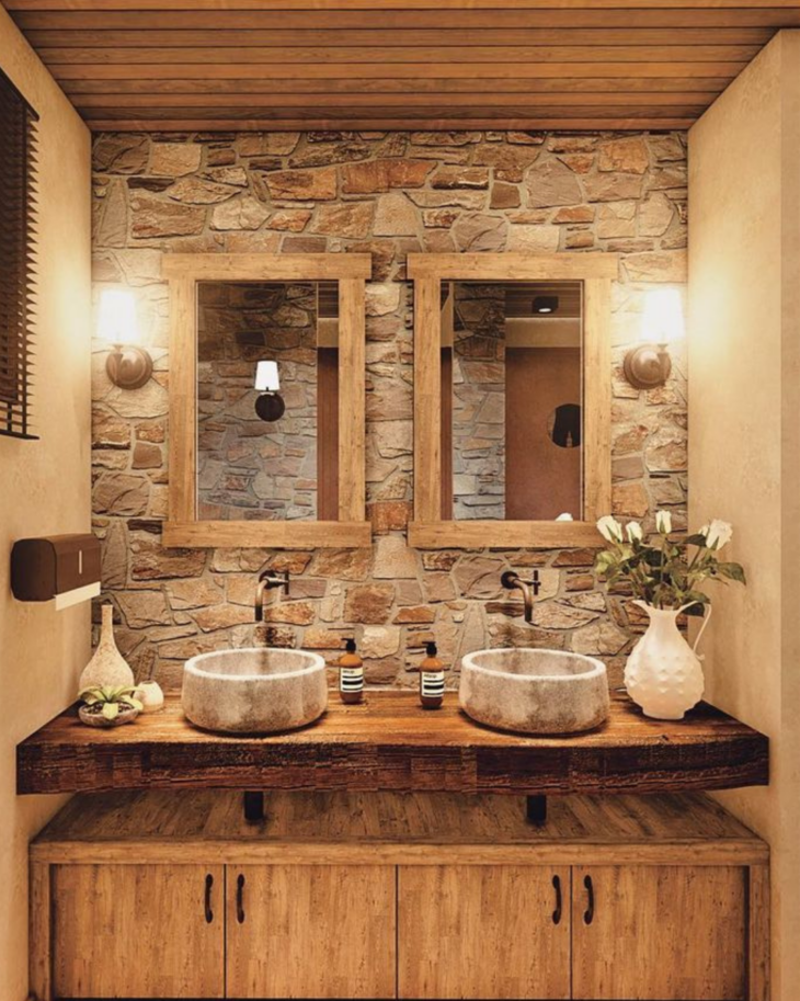 Lavabo Pequeno com Toque Rústico: Madeira e Elementos Naturais - ideia