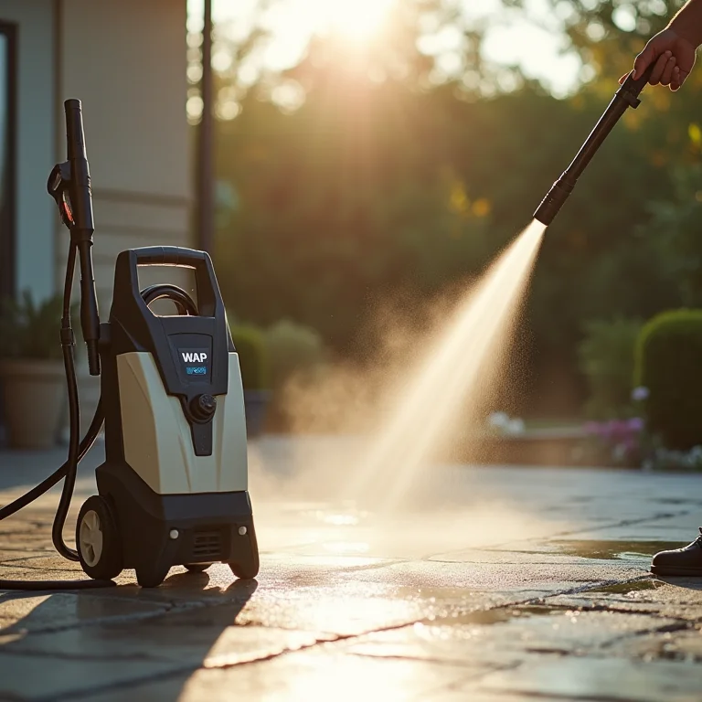 Lavadora de alta pressão WAP sendo utilizada na limpeza de um pátio.