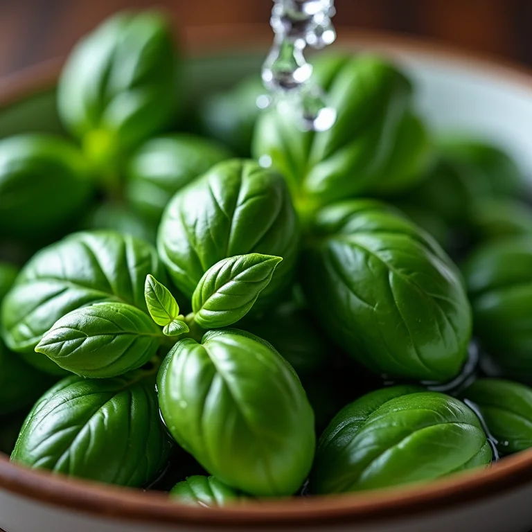 Lavando folhas de manjericão antes da secagem