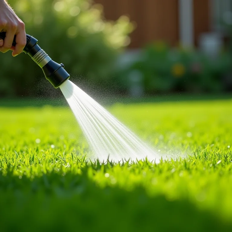 Lavando grama sintética com mangueira e esguicho.