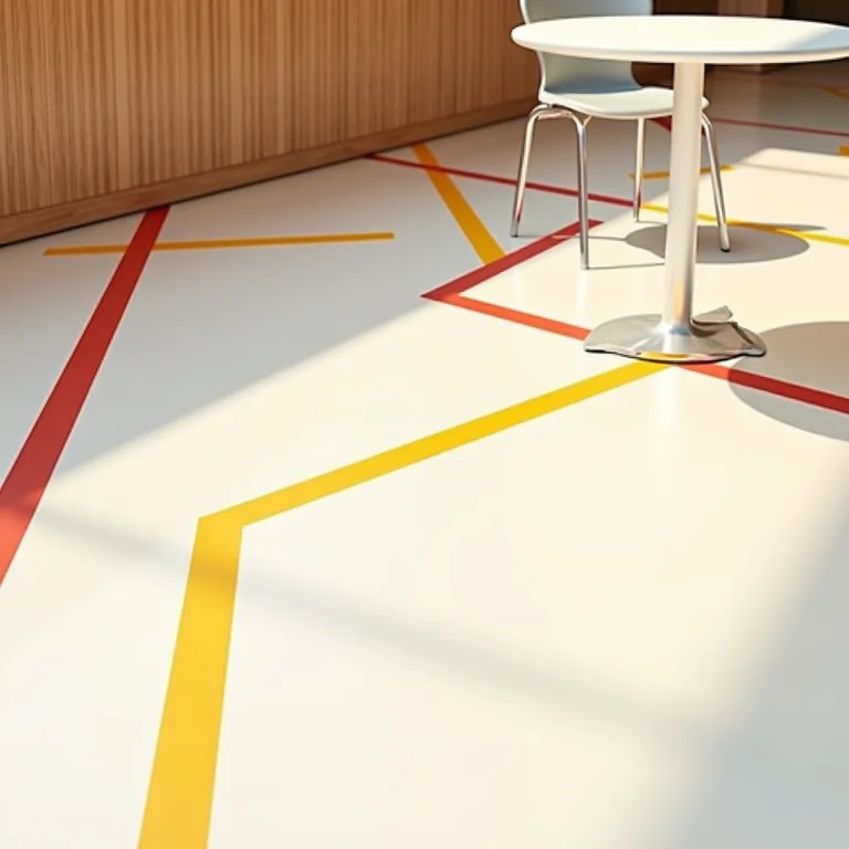 Layout de uma casa de sucos marcado com fitas coloridas no chão.