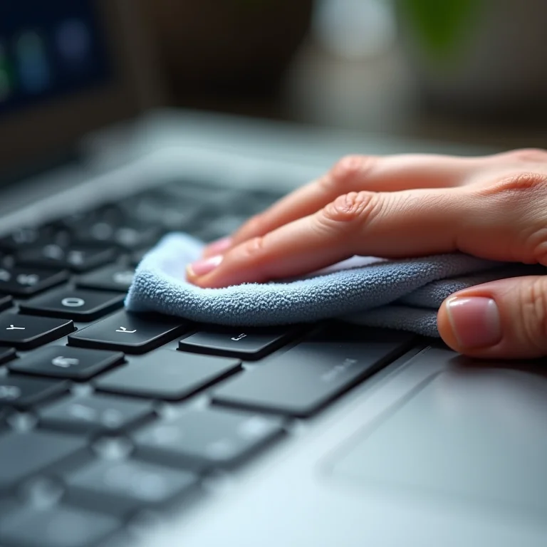 Limpando a superfície do teclado com um pano de microfibra.