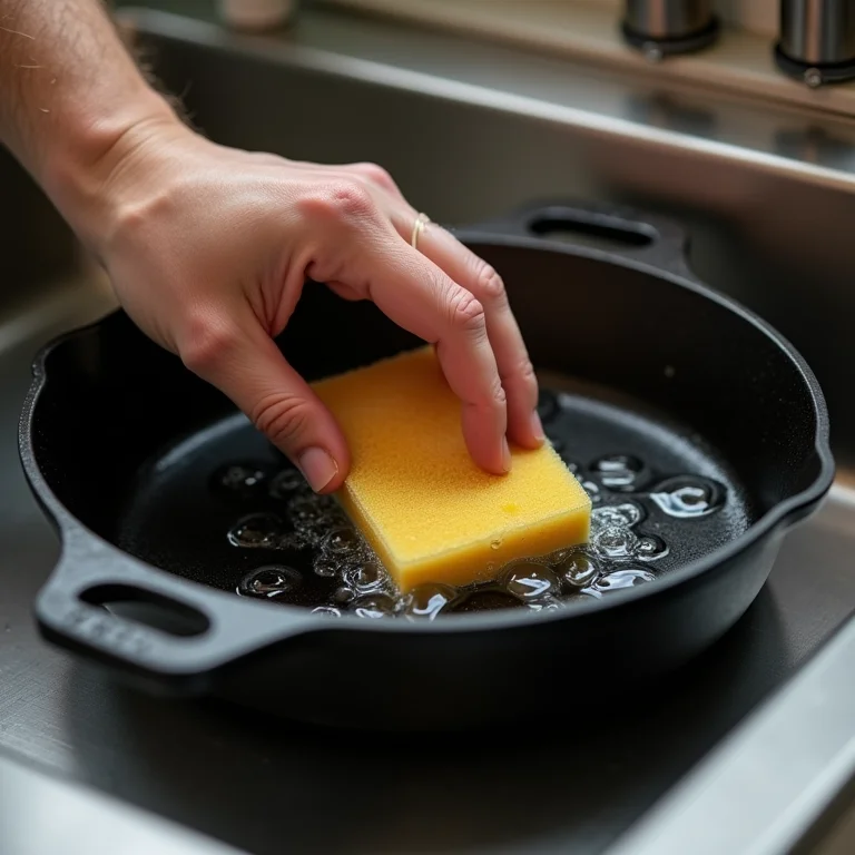 Limpando panela de ferro com esponja e água quente