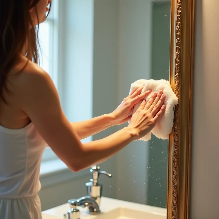 Limpeza de espelho decorativo no banheiro com pano de microfibra para evitar embaçamento