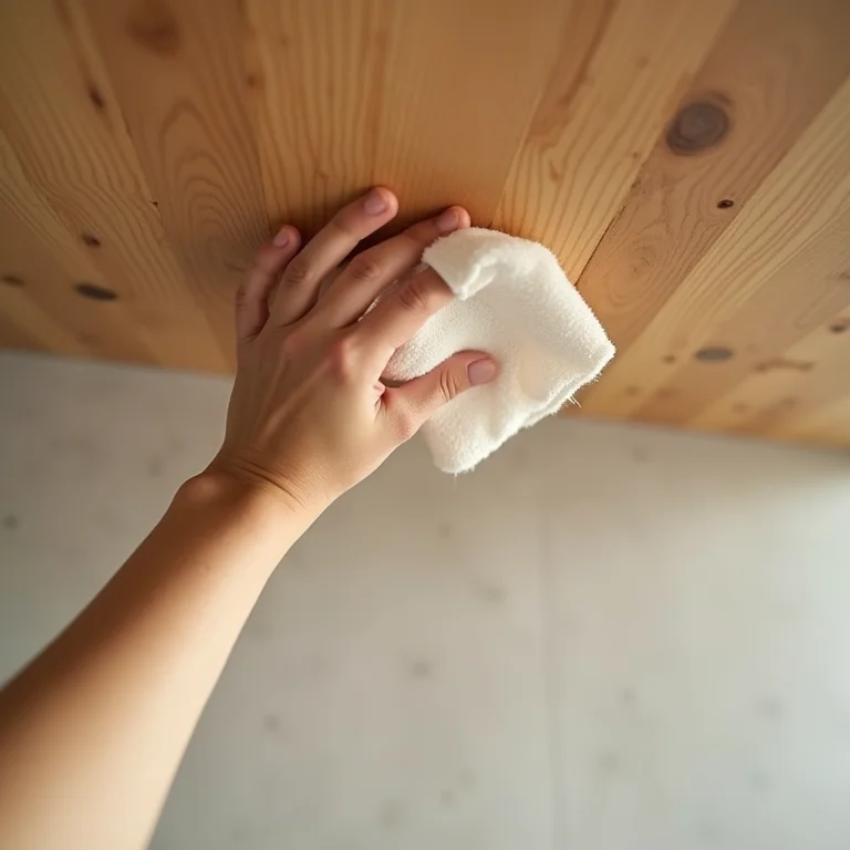 Limpeza de teto de madeira no banheiro.