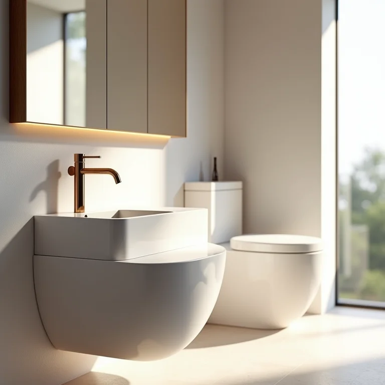 Louças e metais de design elegante em lavabo tropical