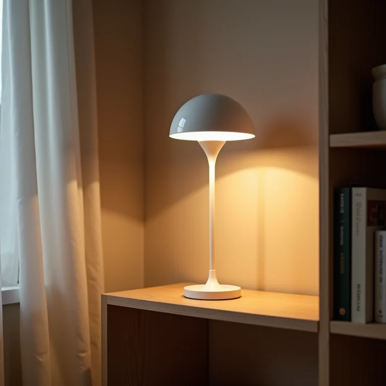 Luminária de grampo em uma prateleira, economizando espaço.