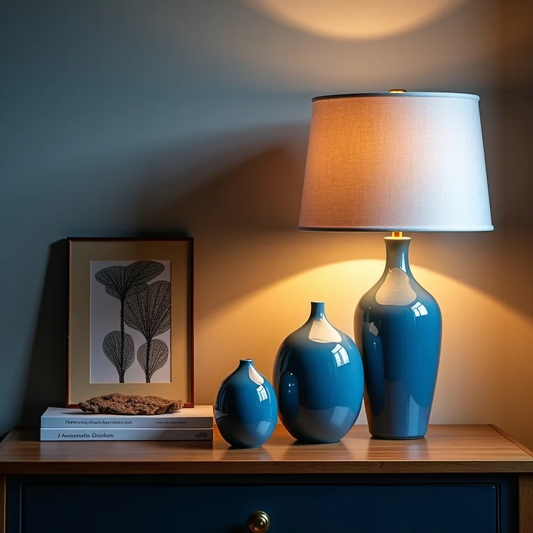 Luminárias e objetos de decoração azuis em escritório