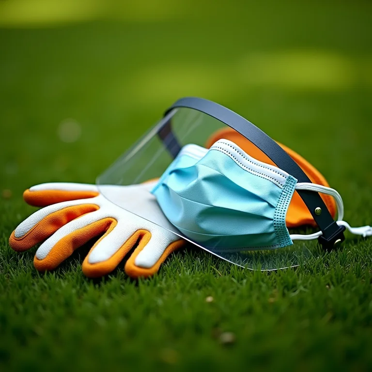 Luvas de jardinagem e máscara de proteção para manutenção da grama sintética.
