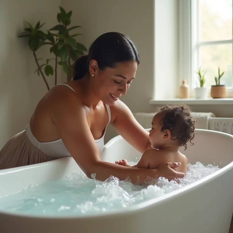 Mãe banhando seu bebê na banheira Splash.