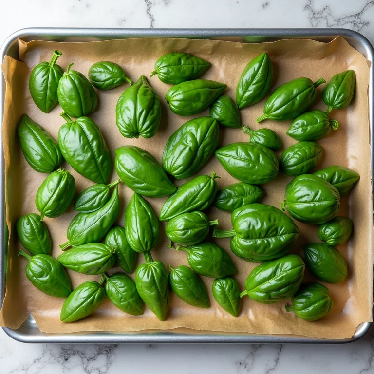 Manjericão disposto em assadeira para secar no forno