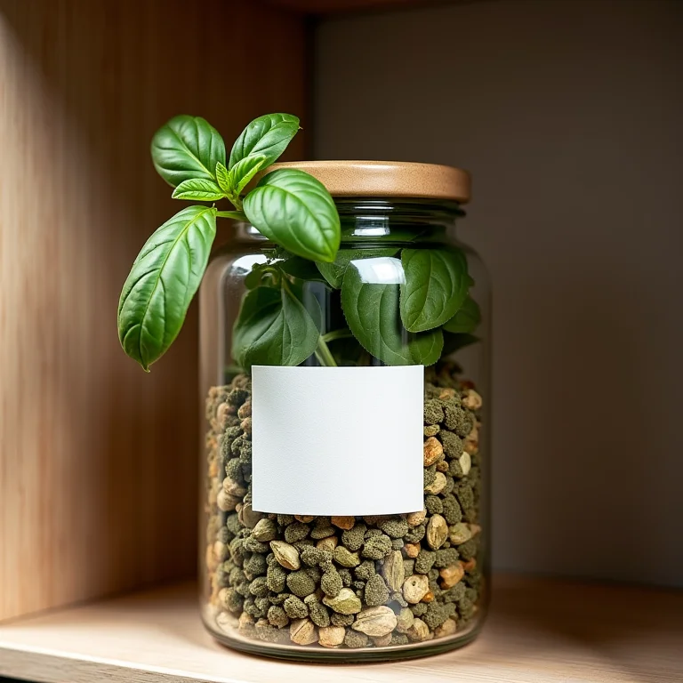 Manjericão seco armazenado corretamente em pote de vidro