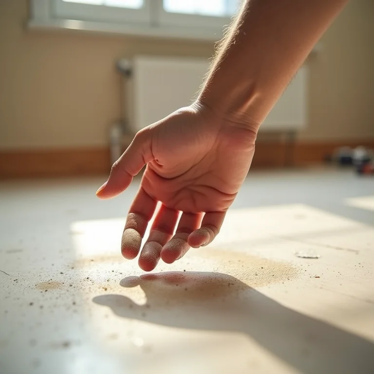 Mão analisando superfície empoeirada em ambiente recém-reformado