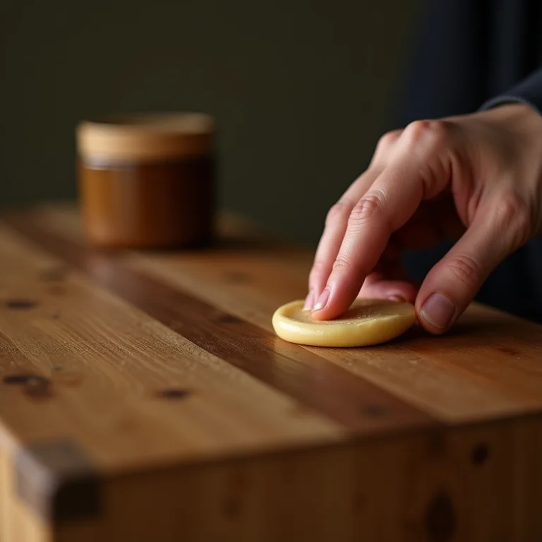 Mão aplicando cera em um banco de madeira.