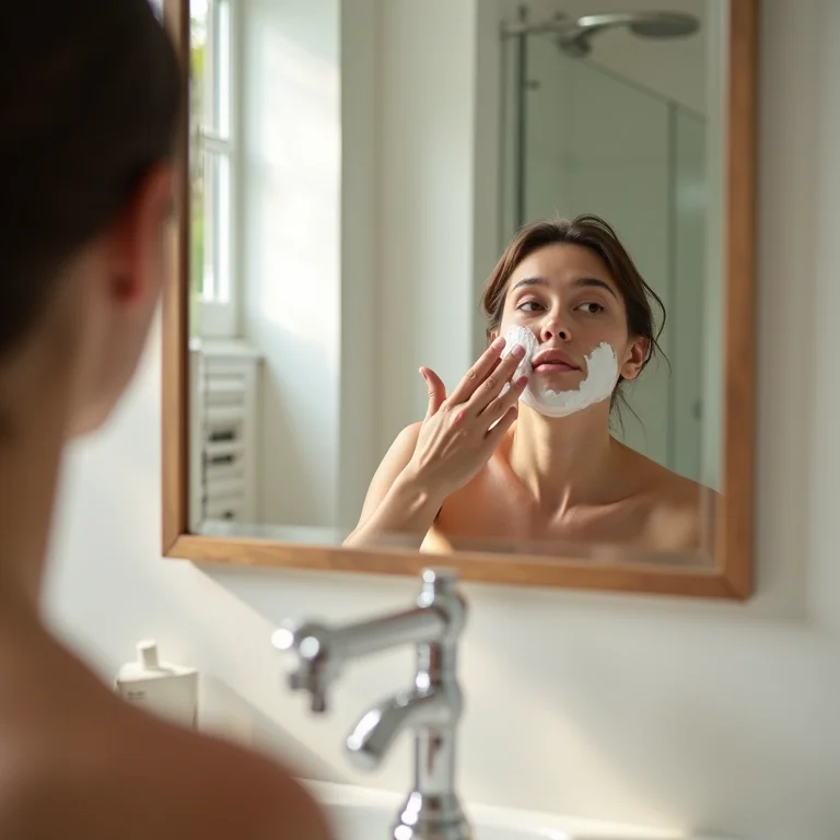 Mão aplicando espuma de barbear no espelho do banheiro para evitar o embace.