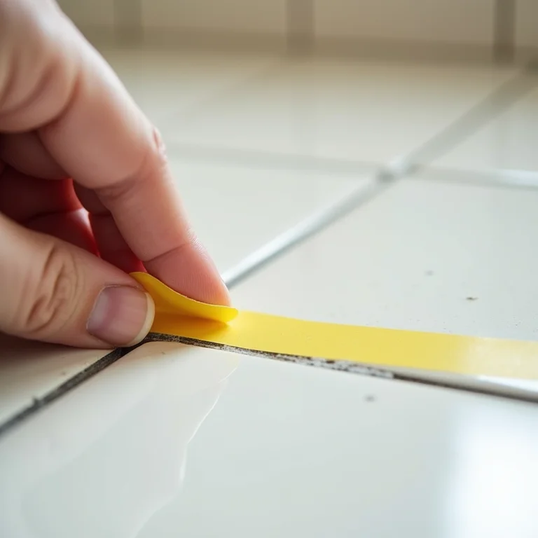 Mão aplicando fita de pintor em azulejo antes de pintar.