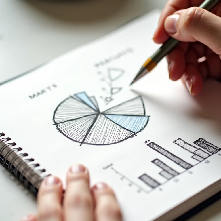 Mão desenhando gráfico de gastos em caderno minimalista