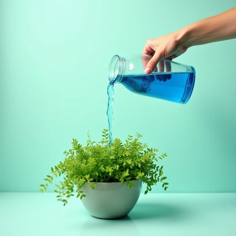Mão despejando água azulada em uma planta verde