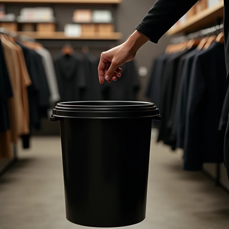 Mão escolhendo lixeira de calçada preta em loja.