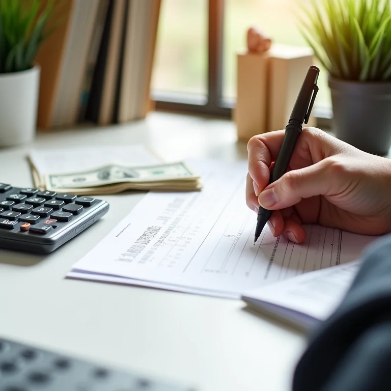 Mão escrevendo um plano orçamentário em uma mesa minimalista.