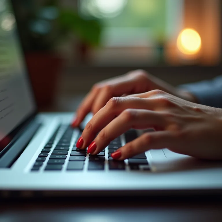 Mão feminina digitando uma senha longa no teclado de um laptop