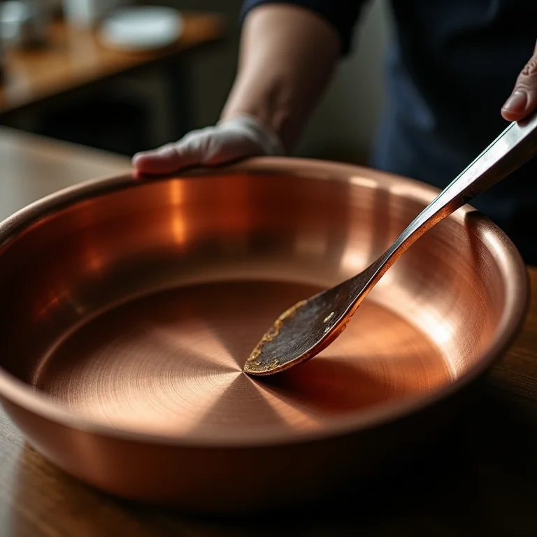 Mão inspecionando a qualidade de uma panela de cobre.