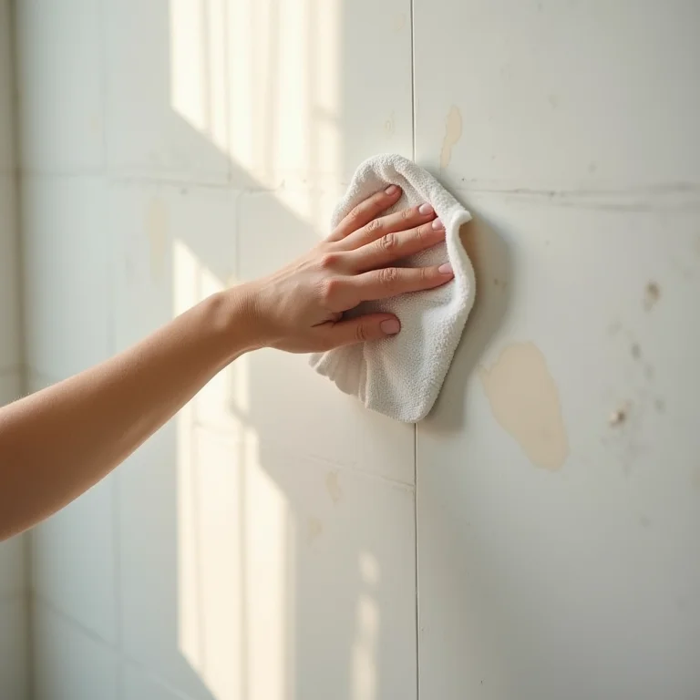 Mão limpando parede de banheiro com pano