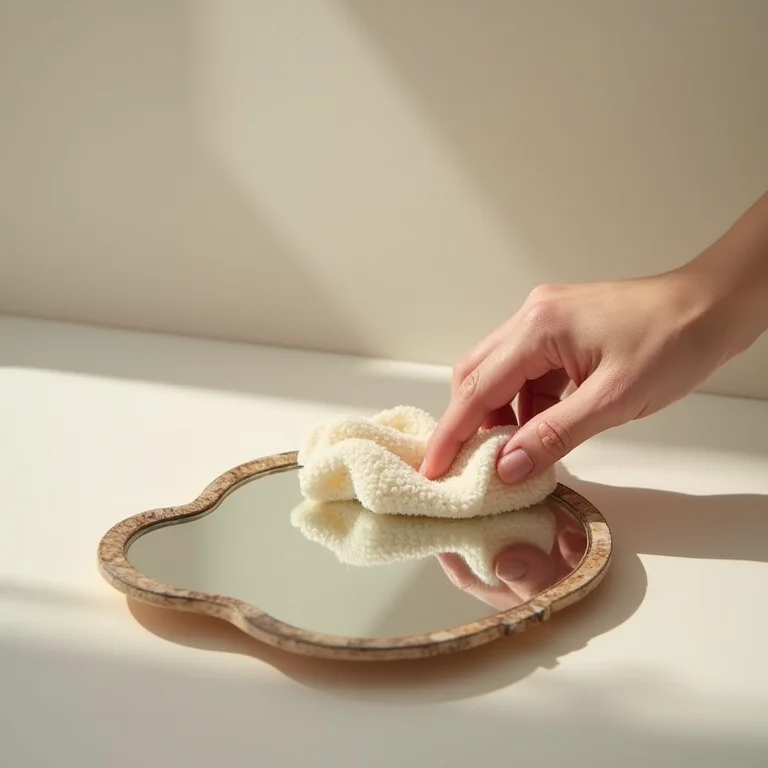 Mão limpando um espelho orgânico com pano macio