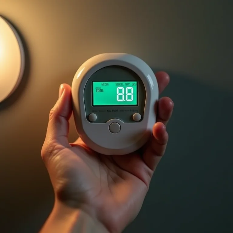 Mão segurando um medidor de energia inteligente mostrando a redução no consumo após a troca para iluminação LED.