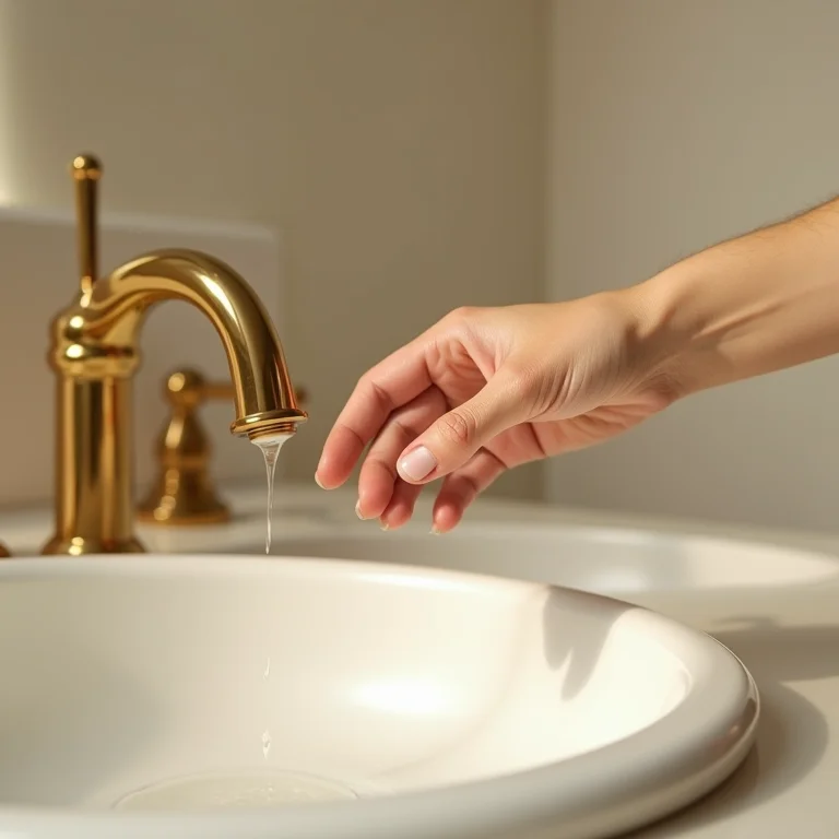 Mão tocando em uma torneira dourada