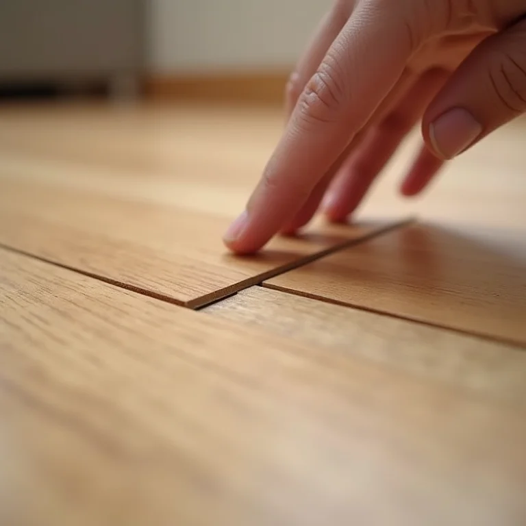 Mão tocando uma fenda em piso laminado.