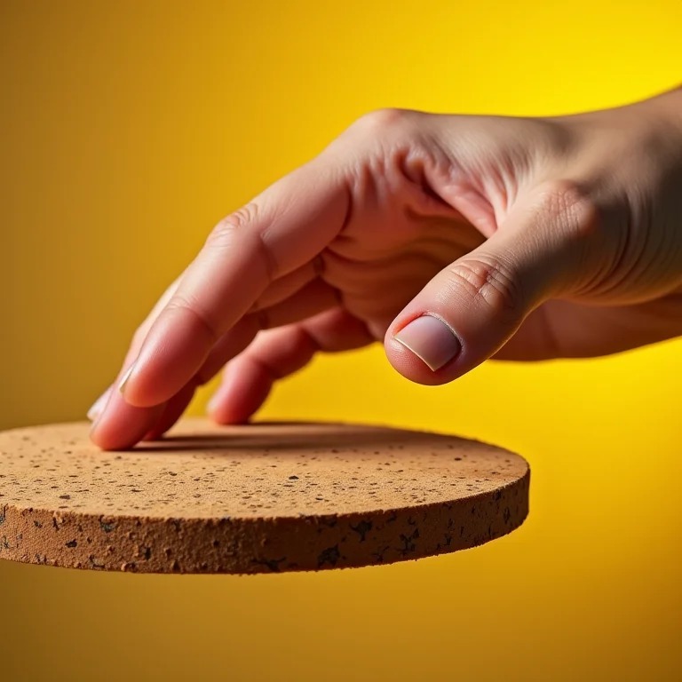 Mão tocando uma superfície de cortiça, simbolizando a sustentabilidade.