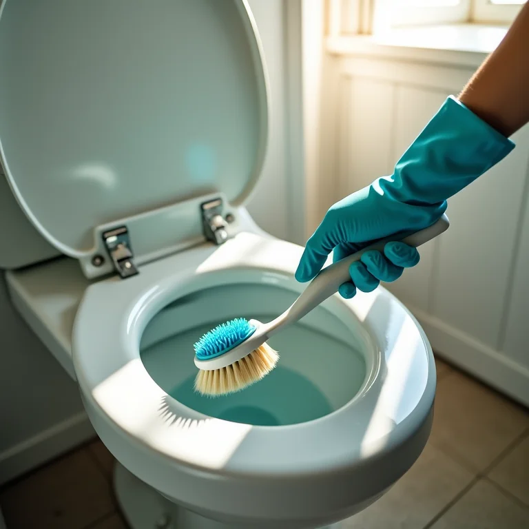 Mãos com luvas limpando o interior de um vaso sanitário com escova