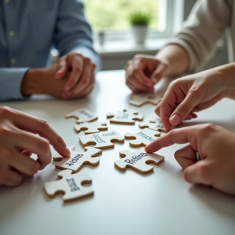 Mãos diversas montando quebra-cabeça com metas financeiras.