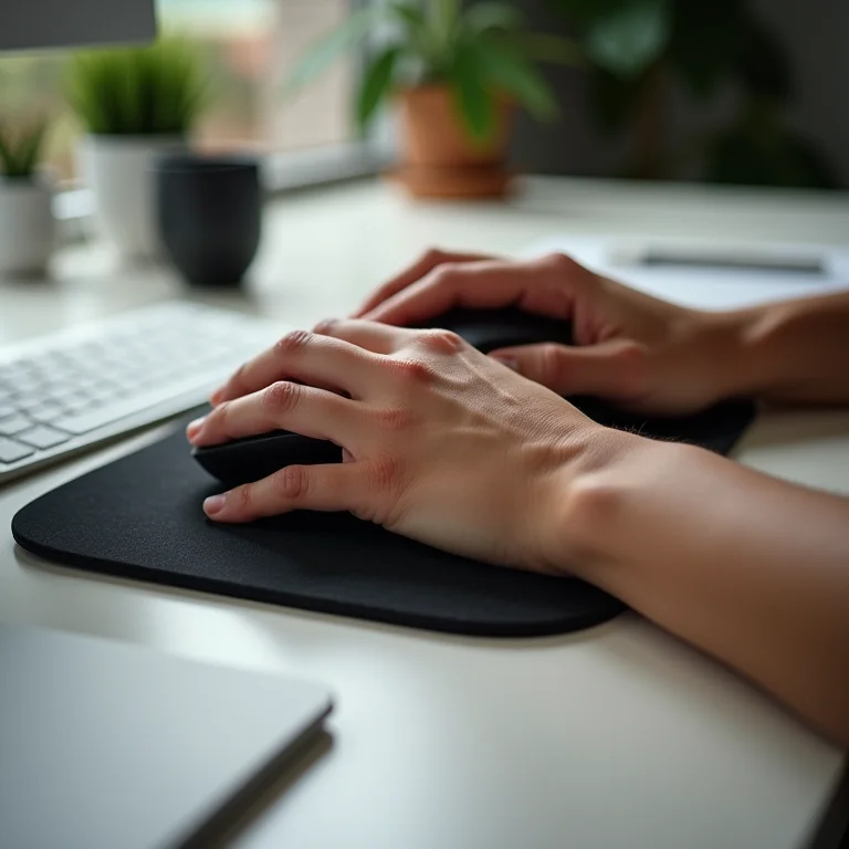 Mãos em posição confortável usando mousepad ergonômico