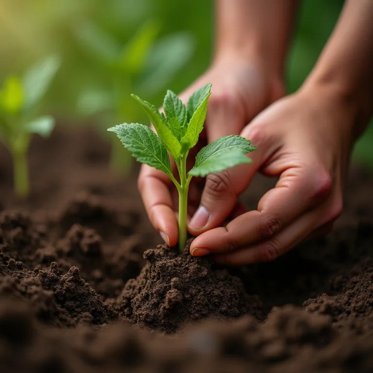 Mãos plantando estaca de aipim em solo fértil