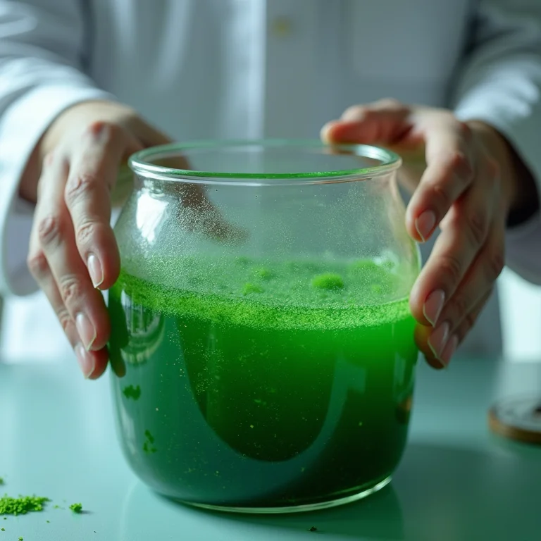 Mãos preparando o cultivo de spirulina