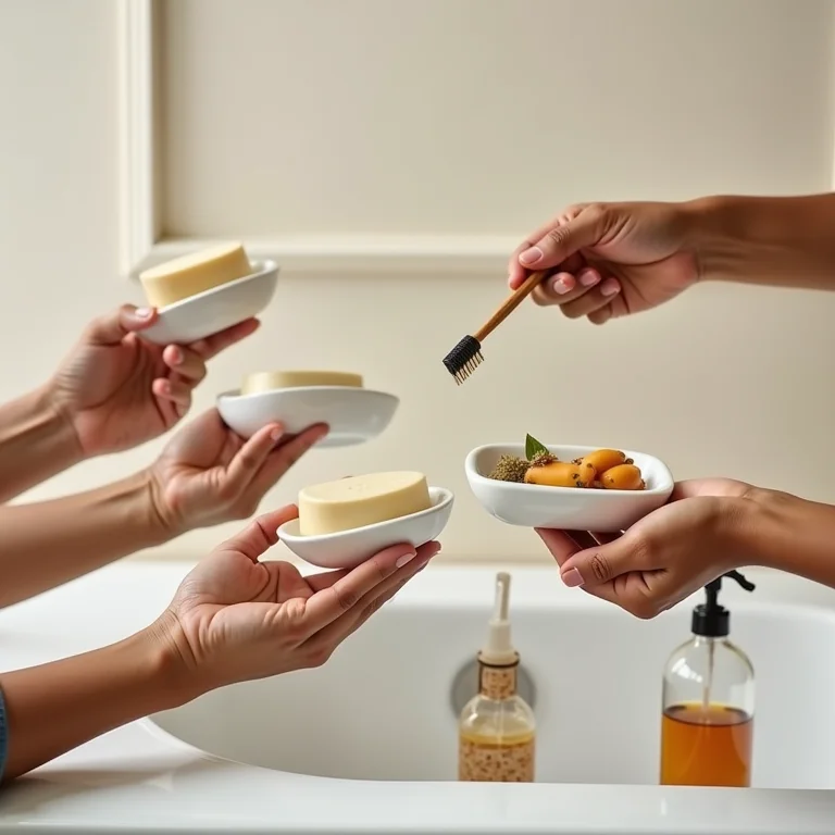 Mãos segurando acessórios de banheiro vintage