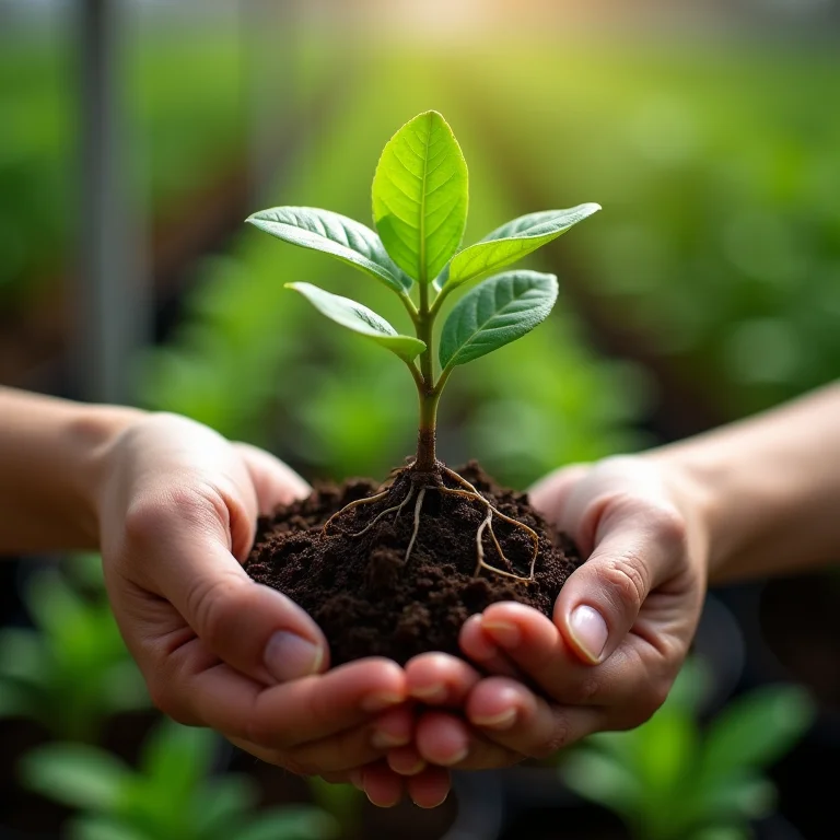 Mãos segurando muda de pitangueira saudável.