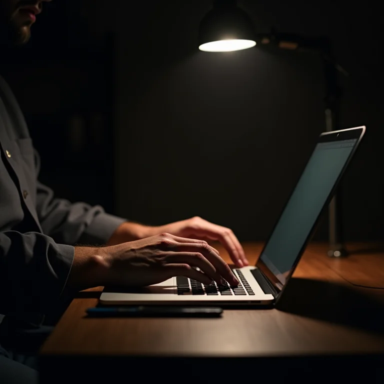Mãos trabalhando em um laptop sob a luz de uma luminária de tarefa.