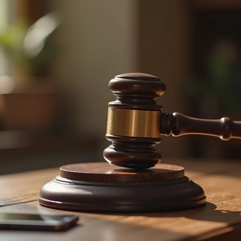 Martelo de juiz batendo em bloco de som ao lado de um smartphone