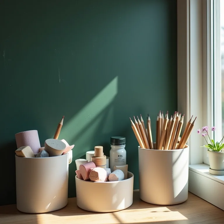 Materiais de arte organizados perto da parede de lousa no banheiro