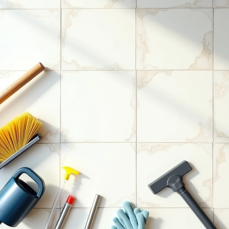 Materiais de limpeza organizados para preparar o piso de granilite para restauração.