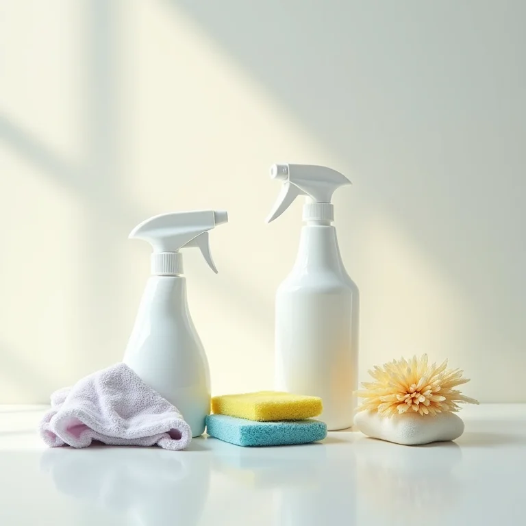 Materiais essenciais para limpeza: panos, escovas e borrifadores.