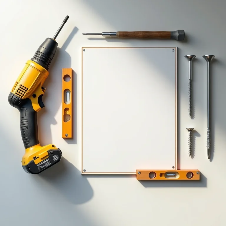 Materiais necessários para fixar a placa de manutenção: furadeira, nível, chave de fenda, parafusos e a placa.