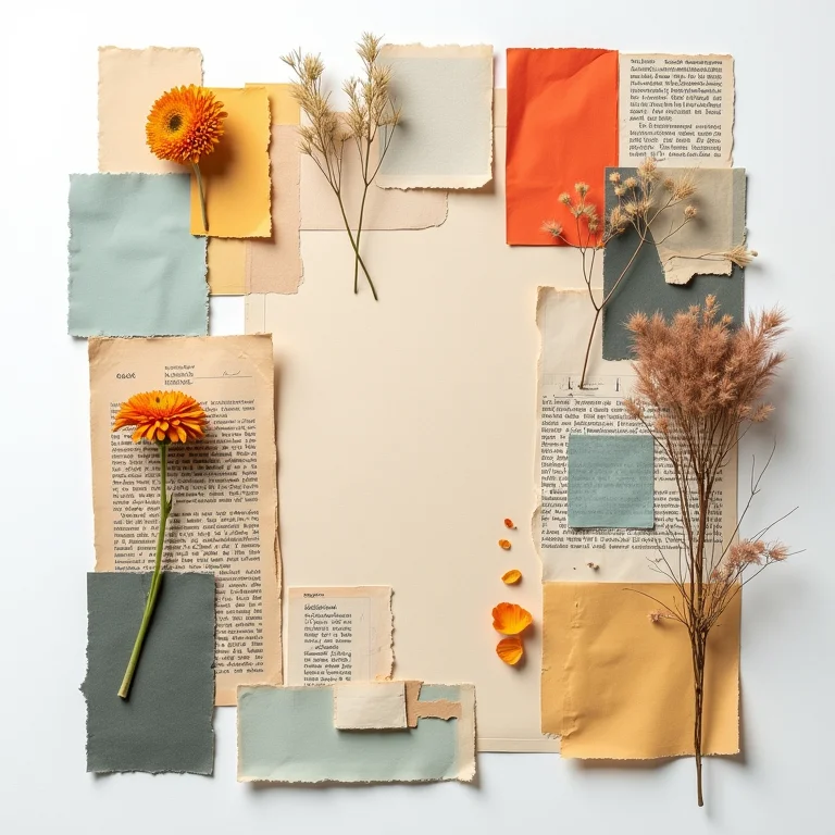 Materiais para colagens criativas: papéis, revistas e flores secas.