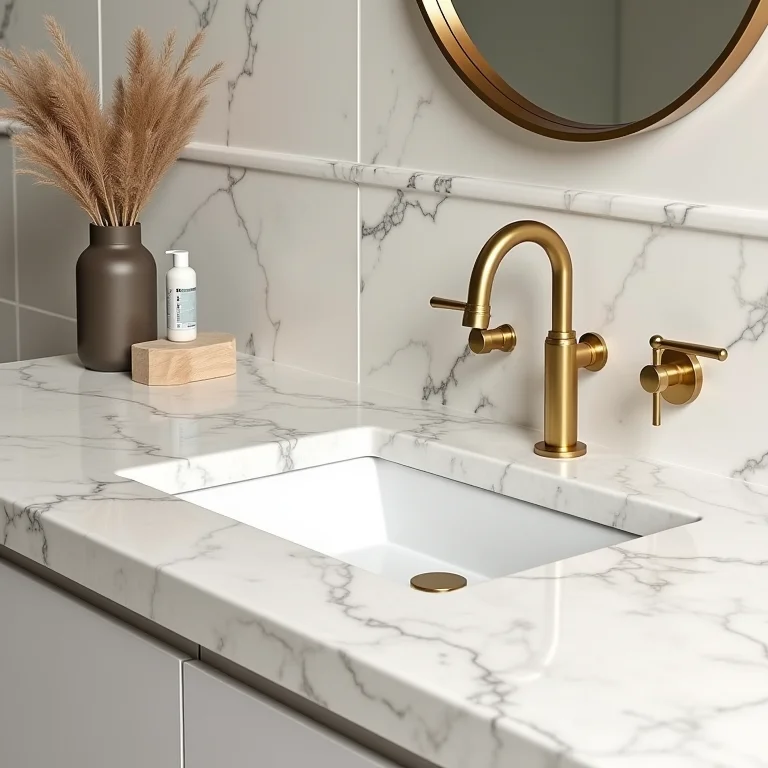 Materiais premium para banheiros de luxo: mármore e dourado