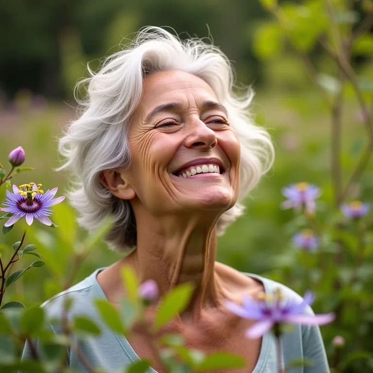 Mature woman, garden, and passionflower