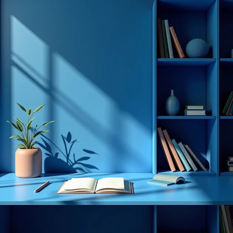 Mesa de escritório azul organizada com estante azul