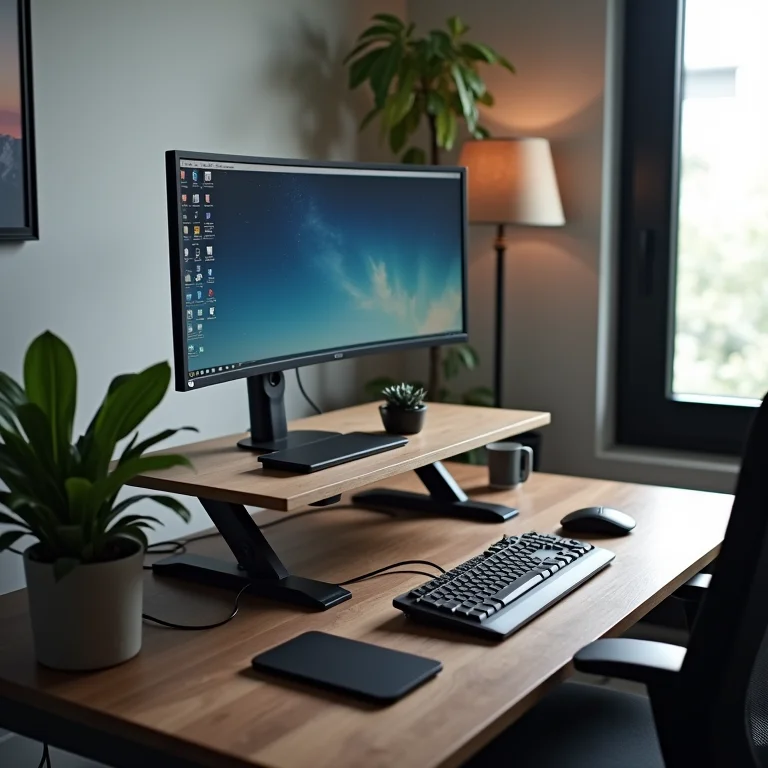 Mesa ergonômica com altura ajustável e acessórios organizados